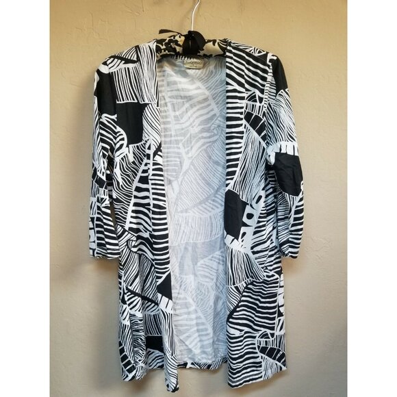 Icantoo Small Black White Leaf Print Open Front Cardigan Sweater 3/4 Sleeve USA - Picture 1 of 6